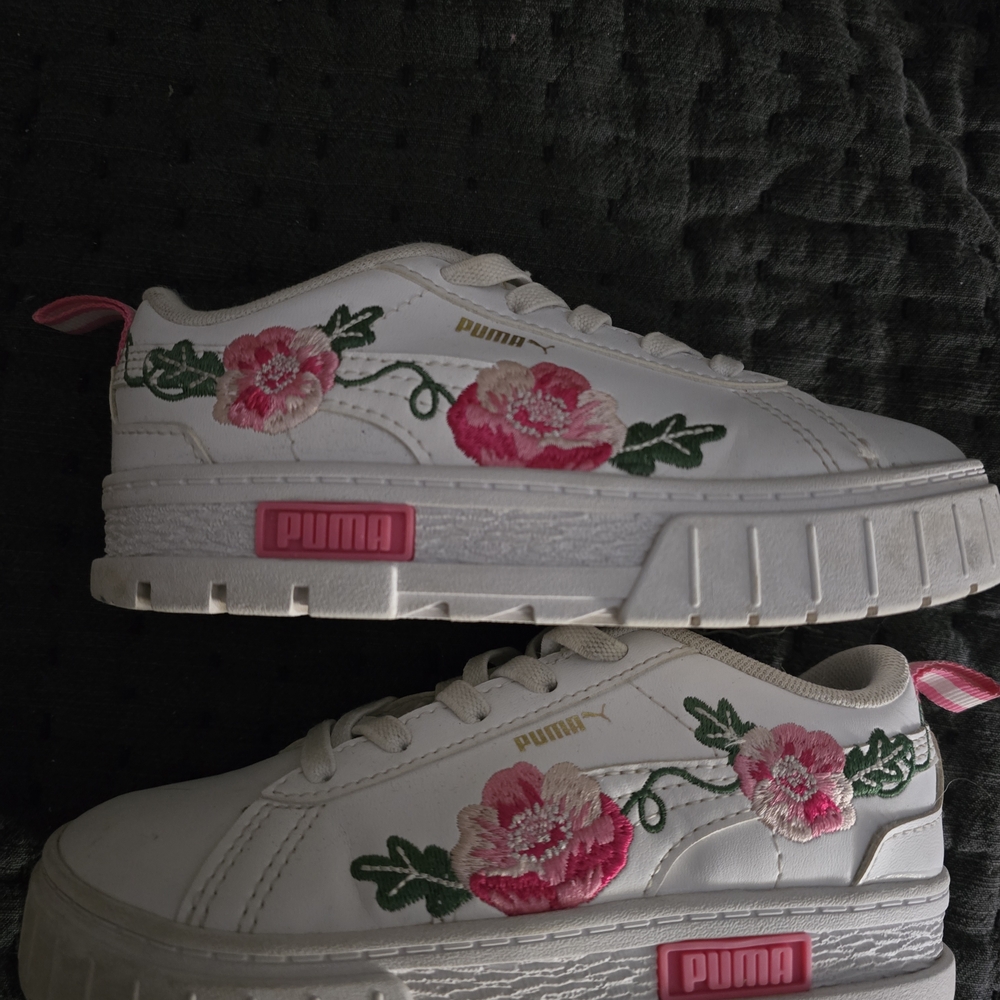 Puma White Sneakers with Pink Floral Embroidery